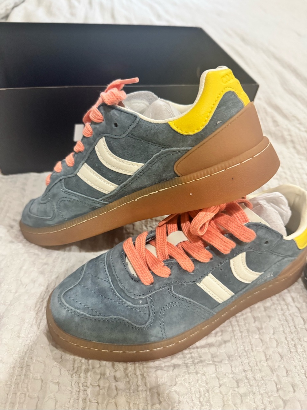 Coolway Blue Suede Sneakers with Coral Laces and Yellow Heel